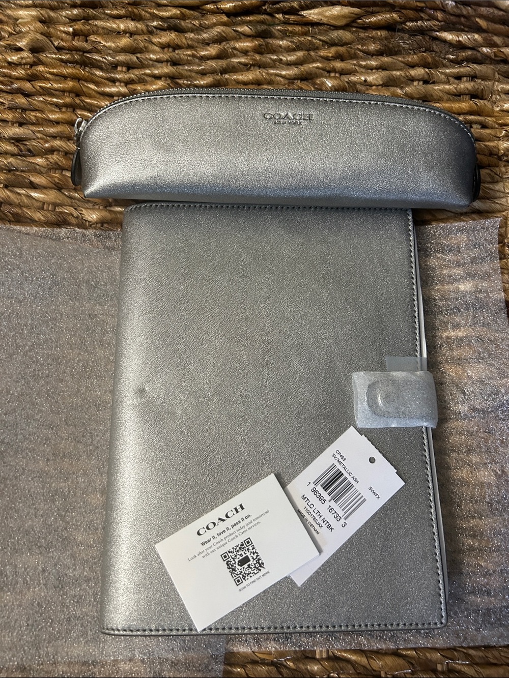 Coach Silver Metallic Leather Pencil case & Notebook. Small dent from storage.